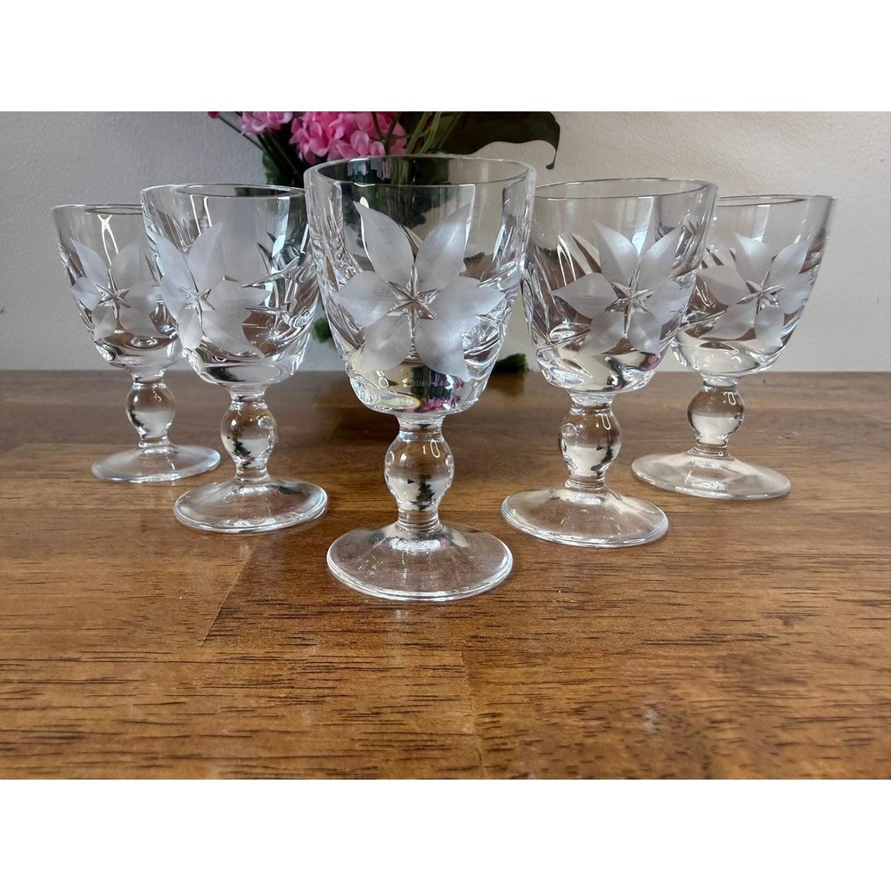Astra Trillium Hand Cut Crystal Cordial Glasses Germany Vintage Floral Etched